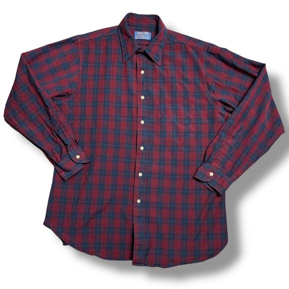 Vintage 70s Sir Pendleton Red Navy Blue Plaid Tartan 100% Wool Flannel Shirt L - Picture 1 of 7